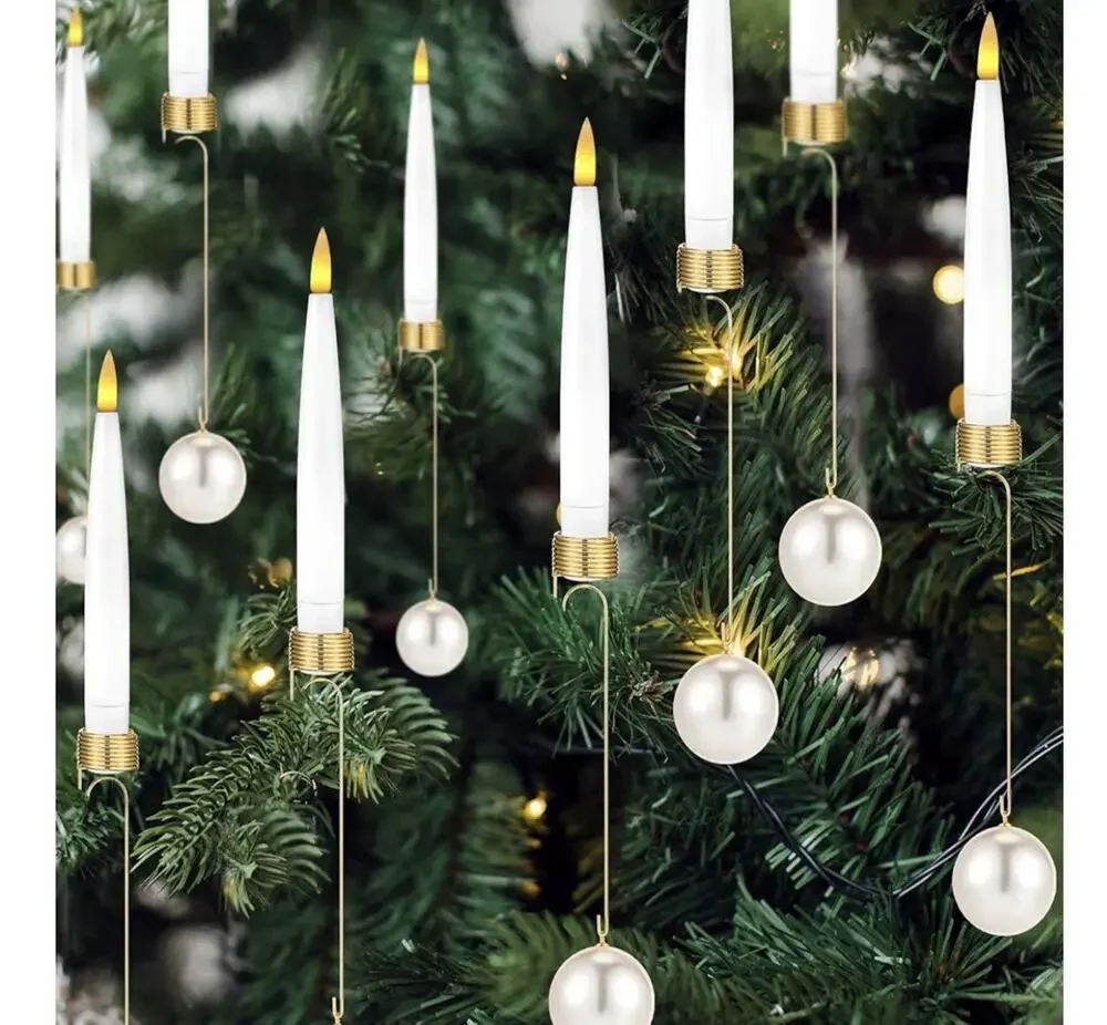 LED Taper Candles with Clear Crystal Ball Hooks Remote Timer White 12pcs New